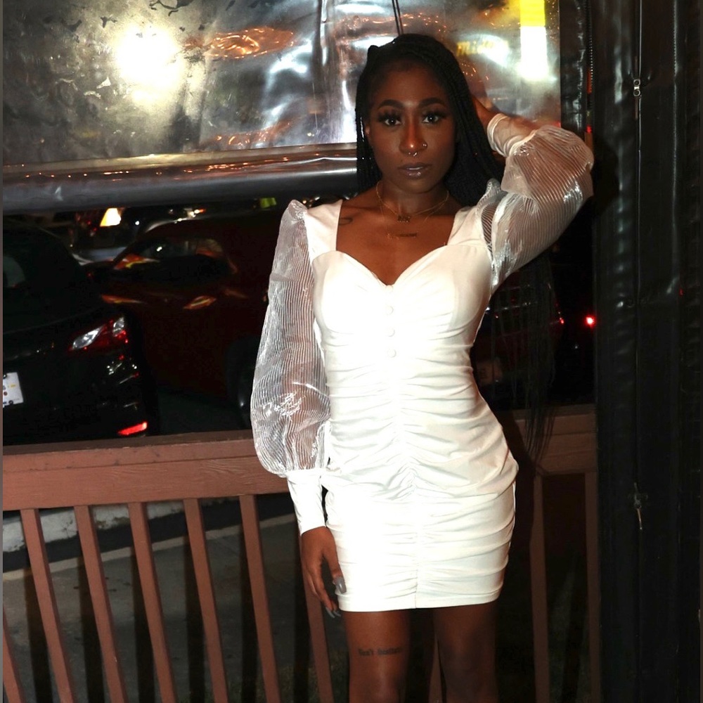 Fashion Nova Ivory Satin Mini Dress with puffed sleeves